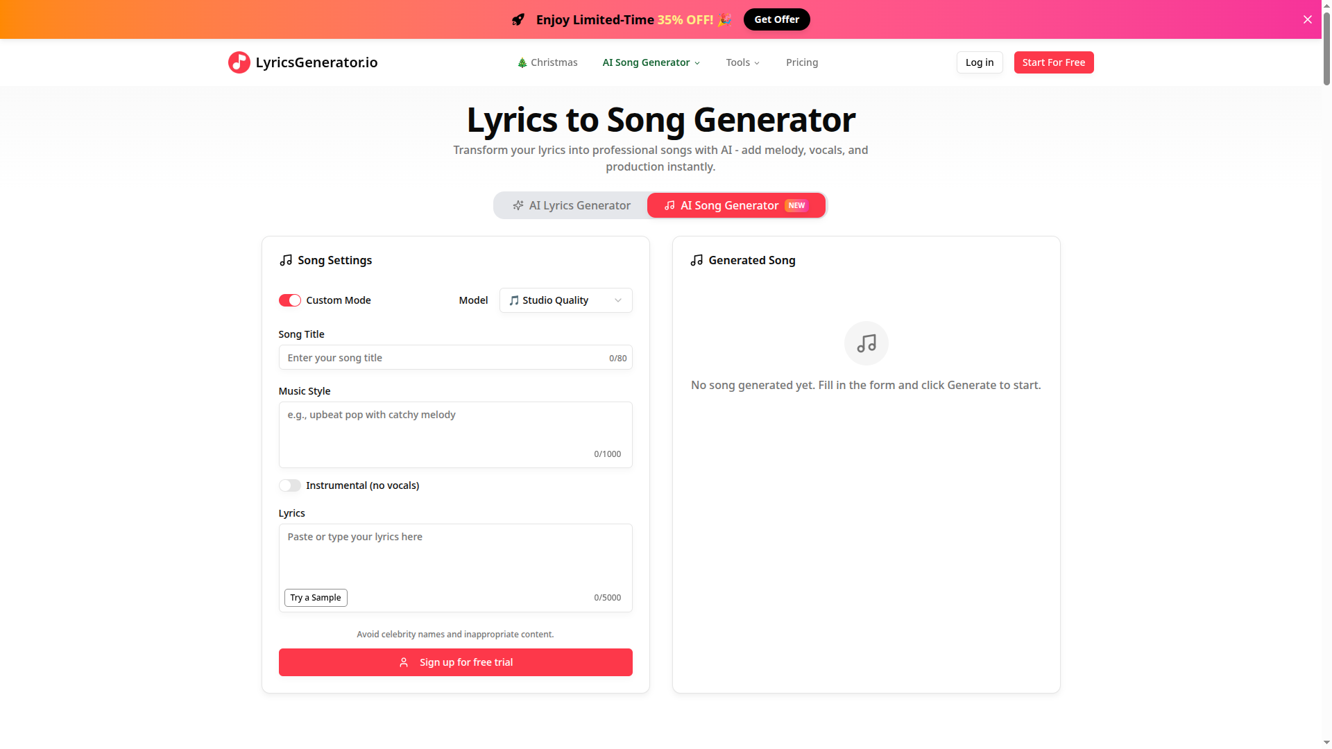 LyricsGenerator.io - 免费AI歌曲与歌词生成器