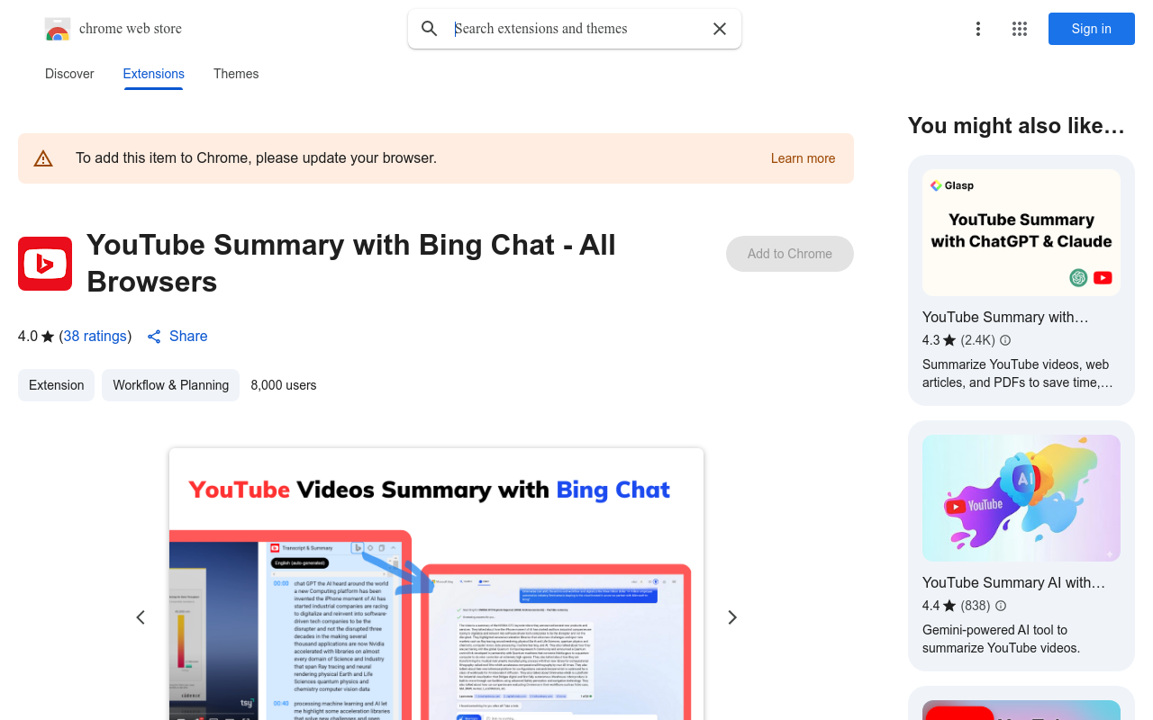 Summary with Bing Chat for YouTube
