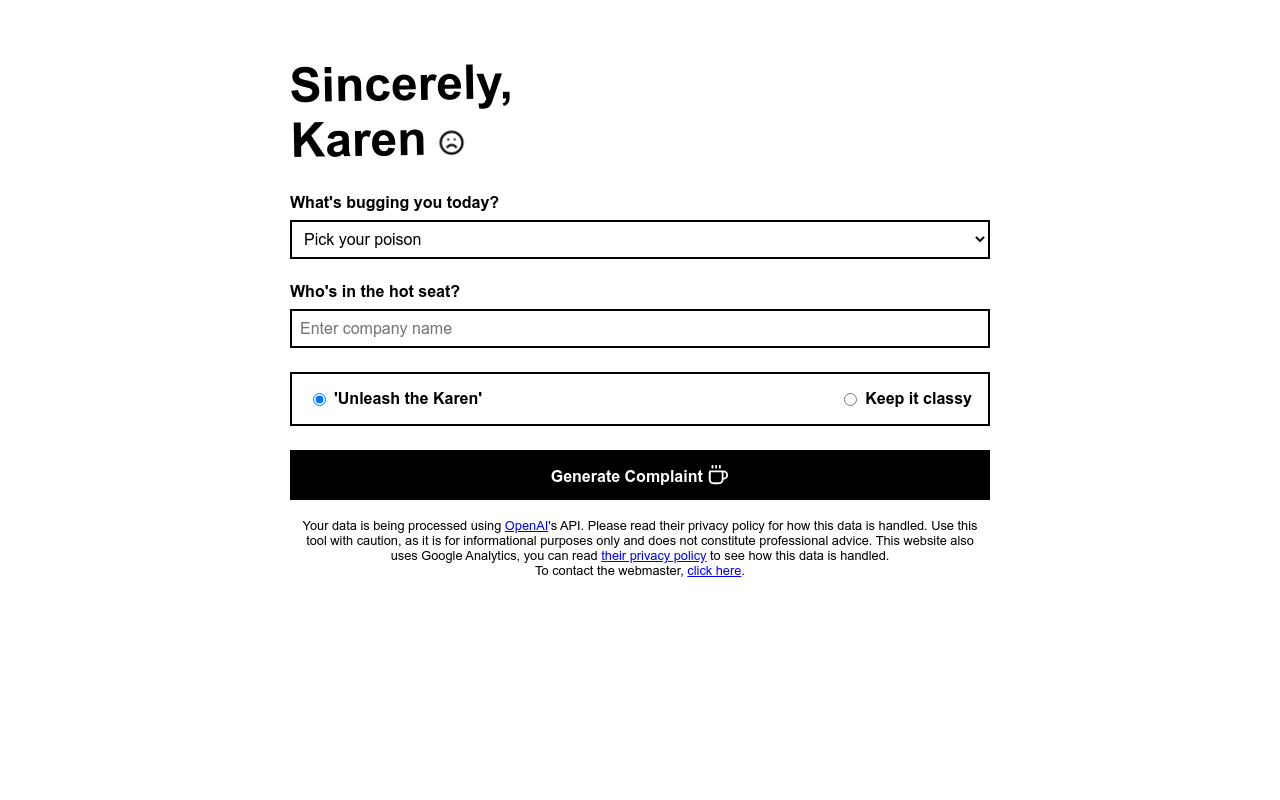 Sincerely Karen: Complaint Generator